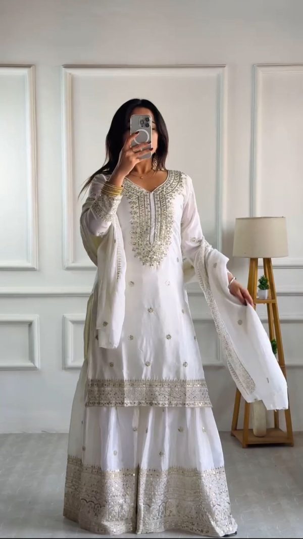 White Chinnon Silk With Embroidery Work Sharara Suit - Image 2