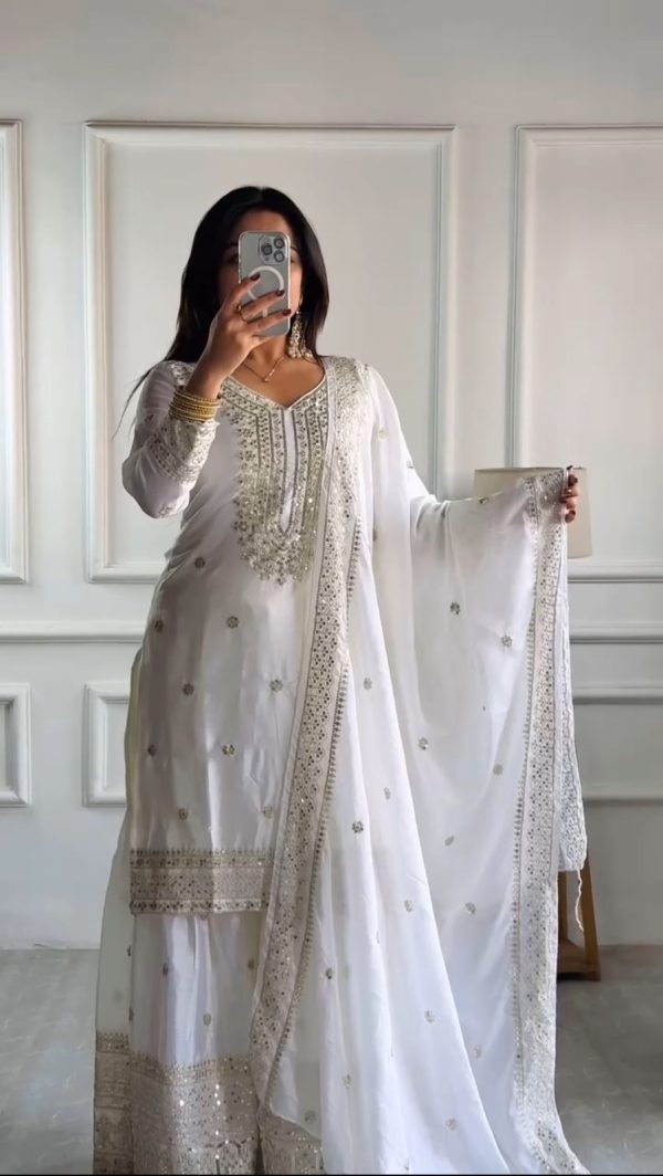 White Chinnon Silk With Embroidery Work Sharara Suit - Image 4