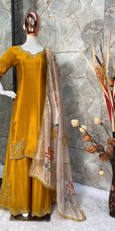 Graceful Yellow Color Chinnon Silk With Embroidery Work Sharara Suit