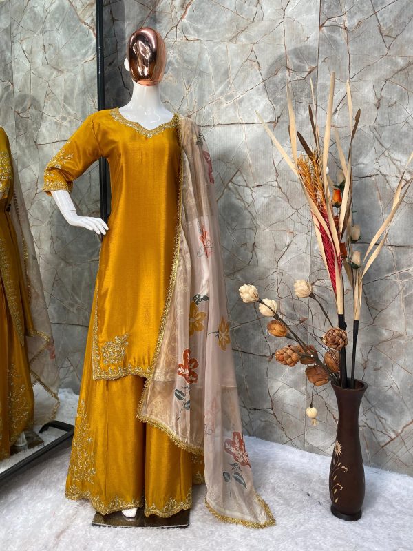 Graceful Yellow Color Chinnon Silk With Embroidery Work Sharara Suit