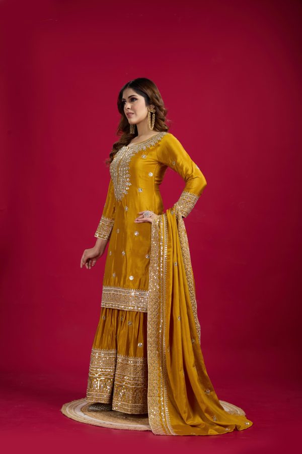 Yellow Chinnon Silk With Embroidery Work Sharara Suit - Image 2