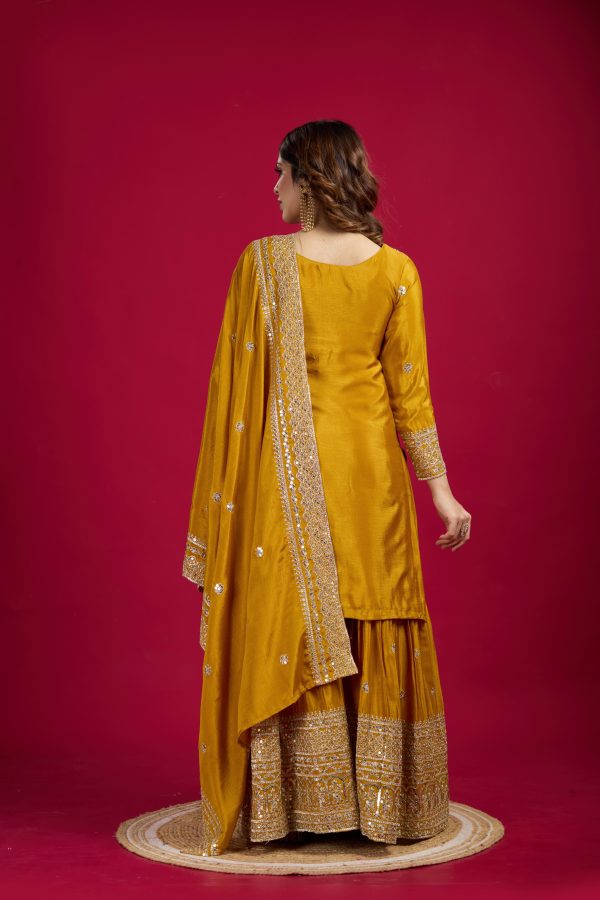 Yellow Chinnon Silk With Embroidery Work Sharara Suit - Image 3
