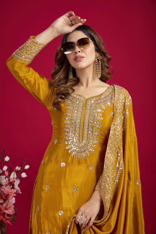 Yellow Chinnon Silk With Embroidery Work Sharara Suit - Image 5