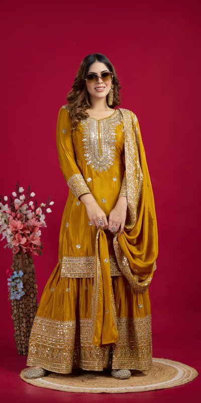 Graceful Yellow Color Chinnon Silk With Embroidery Work Sharara Suit