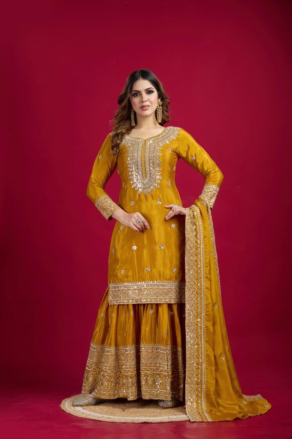 Yellow Chinnon Silk With Embroidery Work Sharara Suit - Image 4
