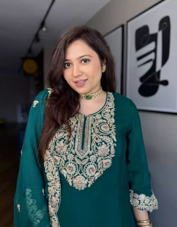 Dark green Chinnon Silk With Embroidery Sequence Work Salwar Suit - Image 3