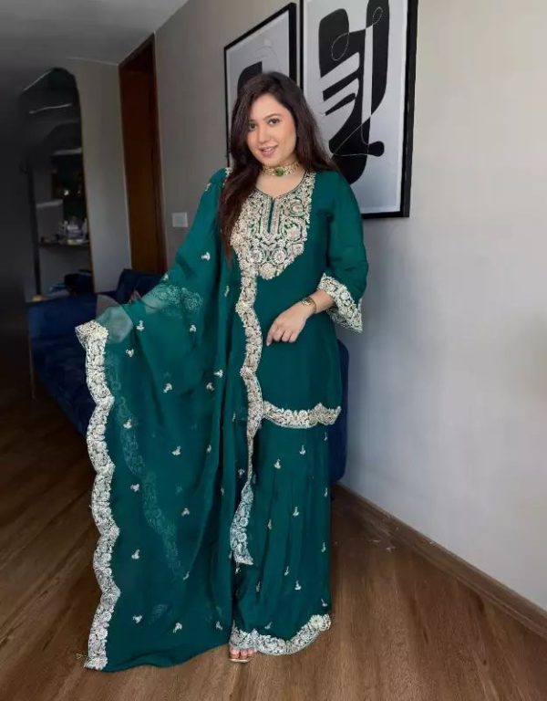 Dark green Chinnon Silk With Embroidery Sequence Work Salwar Suit - Image 4