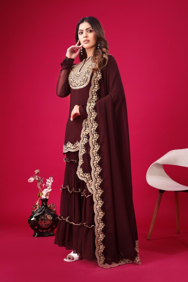 Maroon Faux Georgette Embroidery Sequence Work Salwar Suit - Image 2
