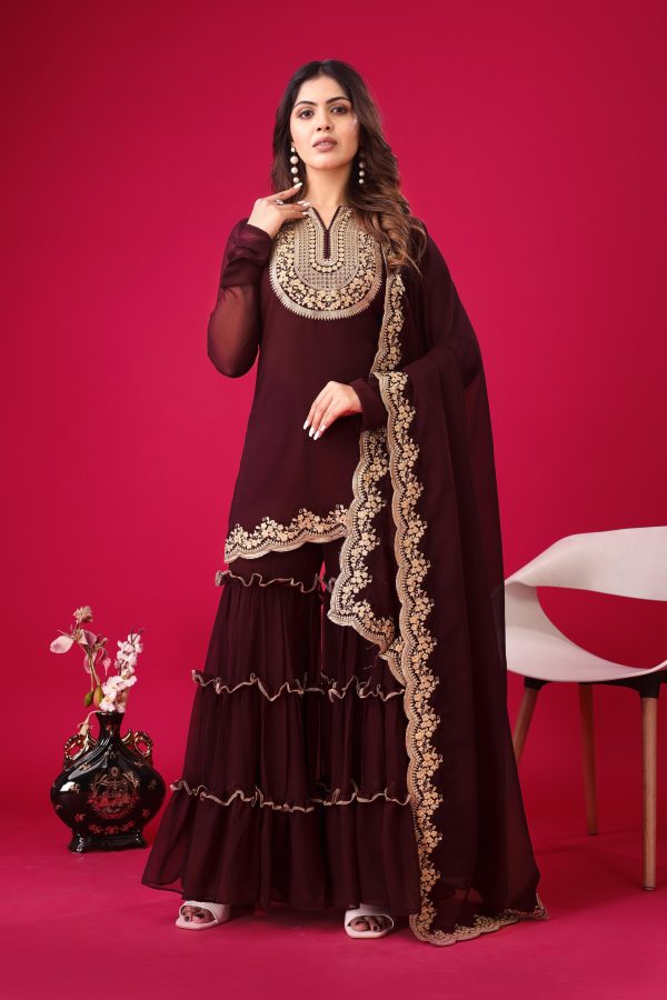 Maroon Faux Georgette Embroidery Sequence Work Salwar Suit - Image 3