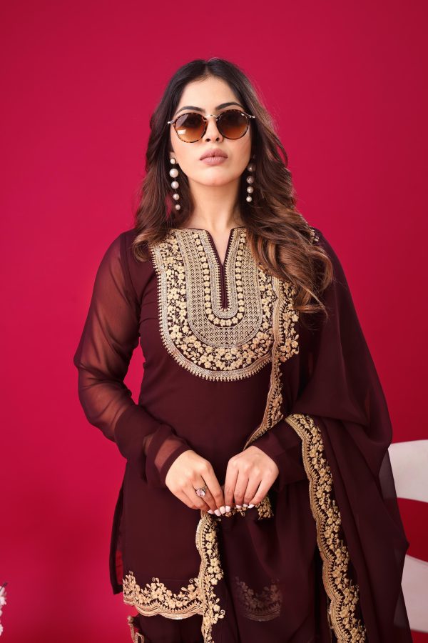 Maroon Faux Georgette Embroidery Sequence Work Salwar Suit - Image 5