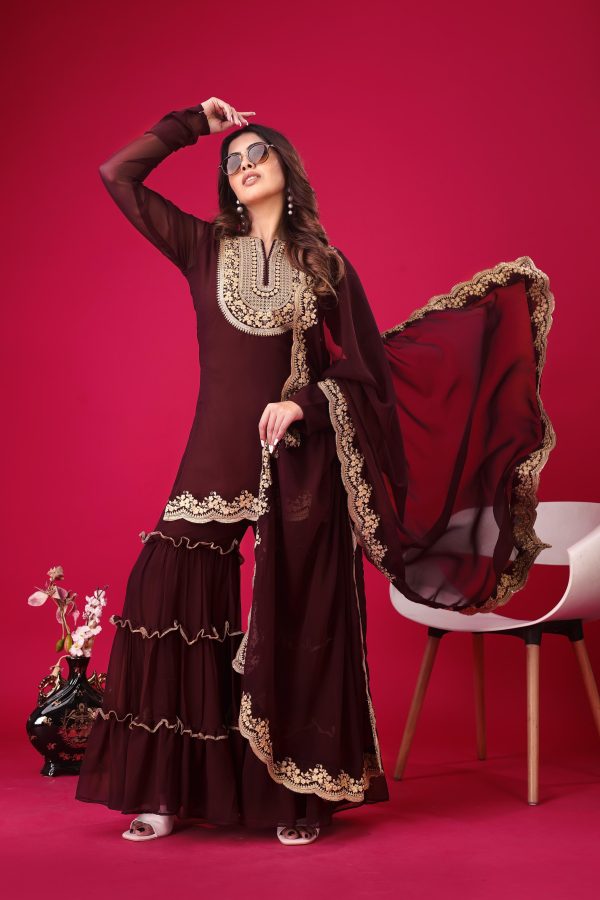 Maroon Faux Georgette Embroidery Sequence Work Salwar Suit - Image 6