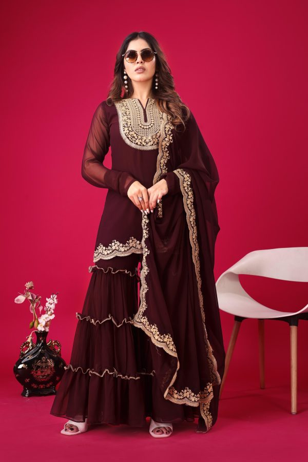 Magical Maroon Color Faux Georgette With Heavy Embroidery Sequence Work Salwar Suit
