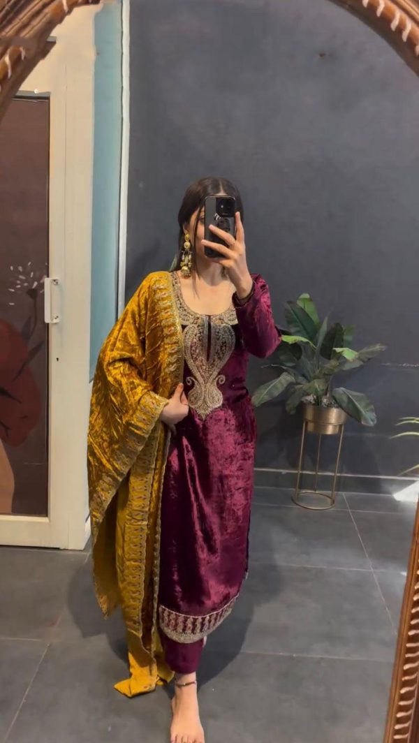 Magical Marron Color Velvet With Heavy Embroidery Sequence Salwar Suit
