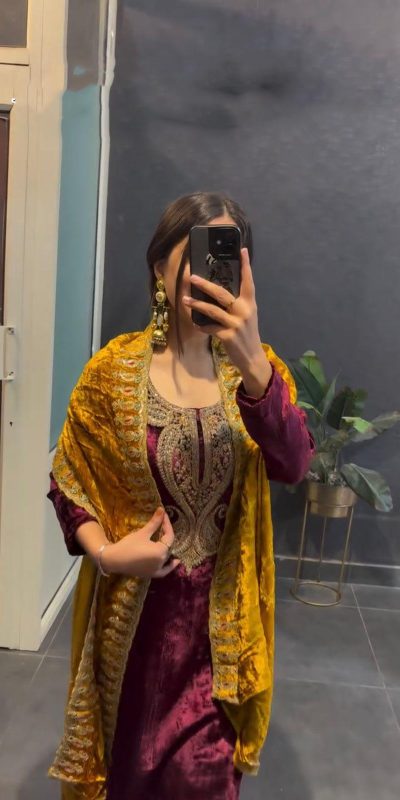 Magical Marron Color Velvet With Heavy Embroidery Sequence Salwar Suit