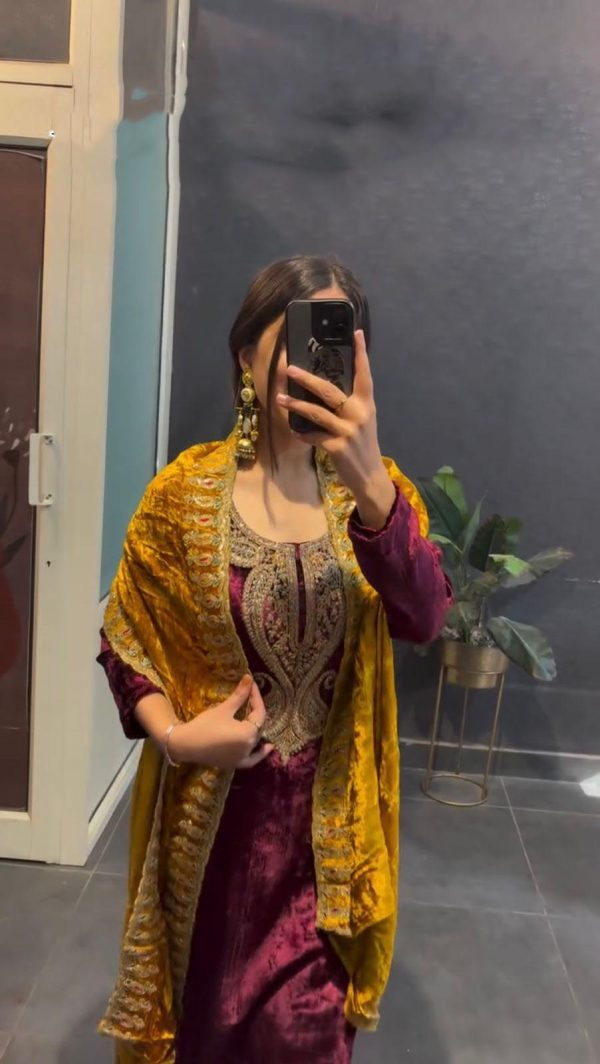 Magical Marron Color Velvet With Heavy Embroidery Sequence Salwar Suit