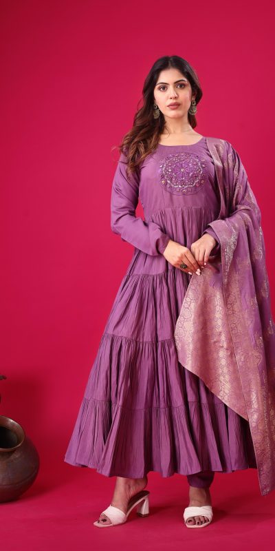 Magical Purple Color Roman Silk With Embroidery Sequence Work Anarkali Gown