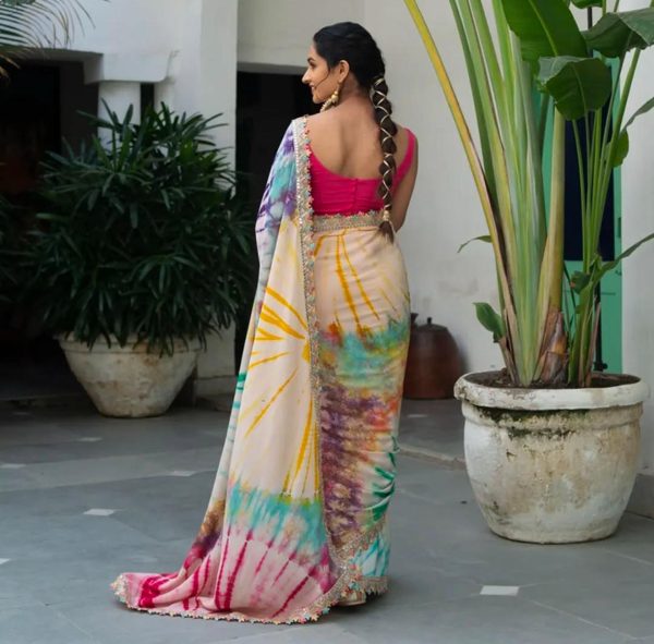 Multi Chinon fabric Embroidery Coding Sequins Lace Saree - Image 4