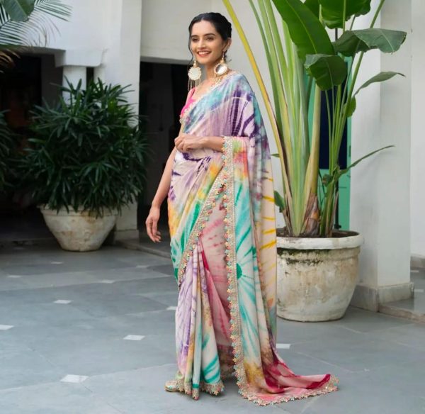 Multi Chinon fabric Embroidery Coding Sequins Lace Saree - Image 2