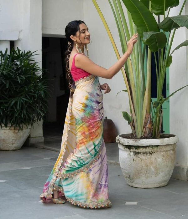 Multi Chinon fabric Embroidery Coding Sequins Lace Saree - Image 3