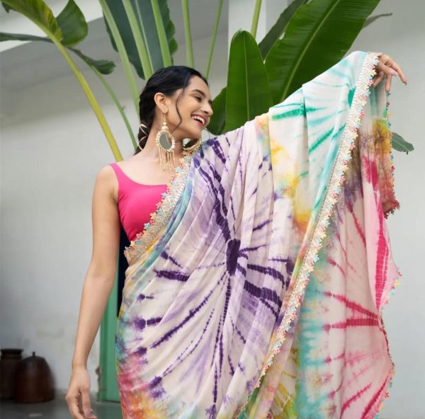 Multi Chinon fabric Embroidery Coding Sequins Lace Saree - Image 7