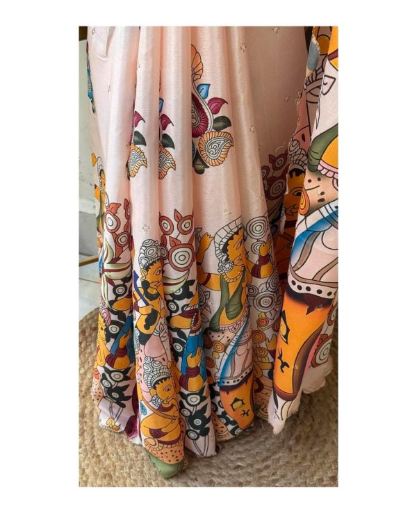 Cream Chinon Digital Printed Embroidery Butti Work Saree - Image 4