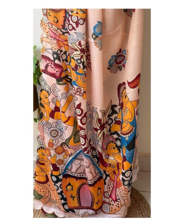 Cream Chinon Digital Printed Embroidery Butti Work Saree - Image 3