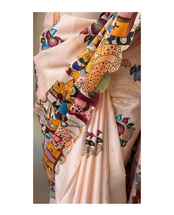 Cream Chinon Digital Printed Embroidery Butti Work Saree - Image 2