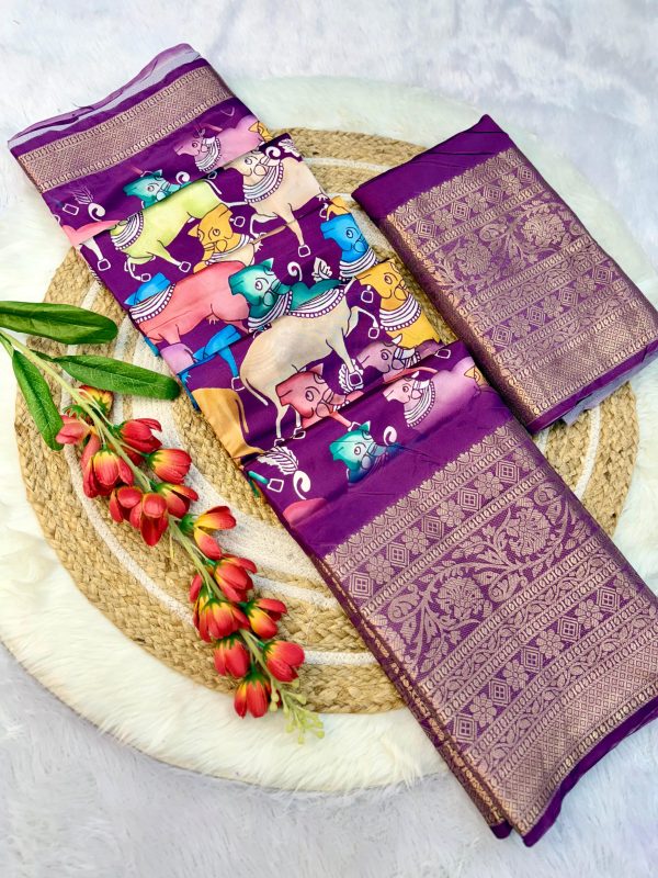 Purple Jacquard Dola Silk With Print Saree - Image 4