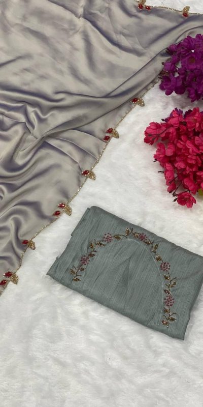 Perfects Grey Color Rangoli Silk Handwork And Cutwork With Pearl Saree