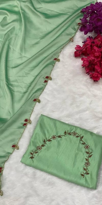 Perfects Light Green Color Rangoli Silk Handwork And Cutwork With Pearl Saree