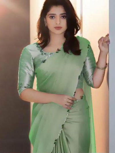 Perfects Light Green Color Rangoli Silk Handwork And Cutwork With Pearl Saree