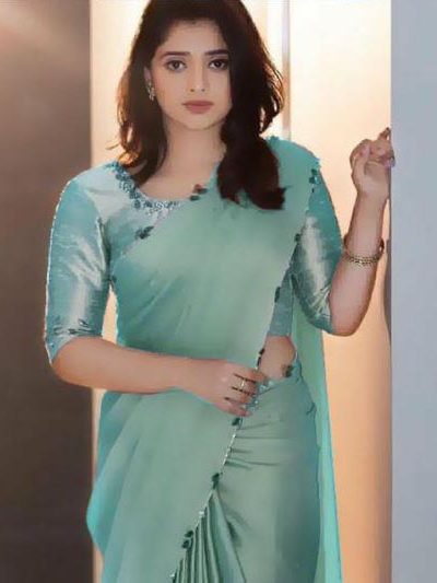 Perfects Sky Blue Color Rangoli Silk Handwork And Cutwork With Pearl Saree