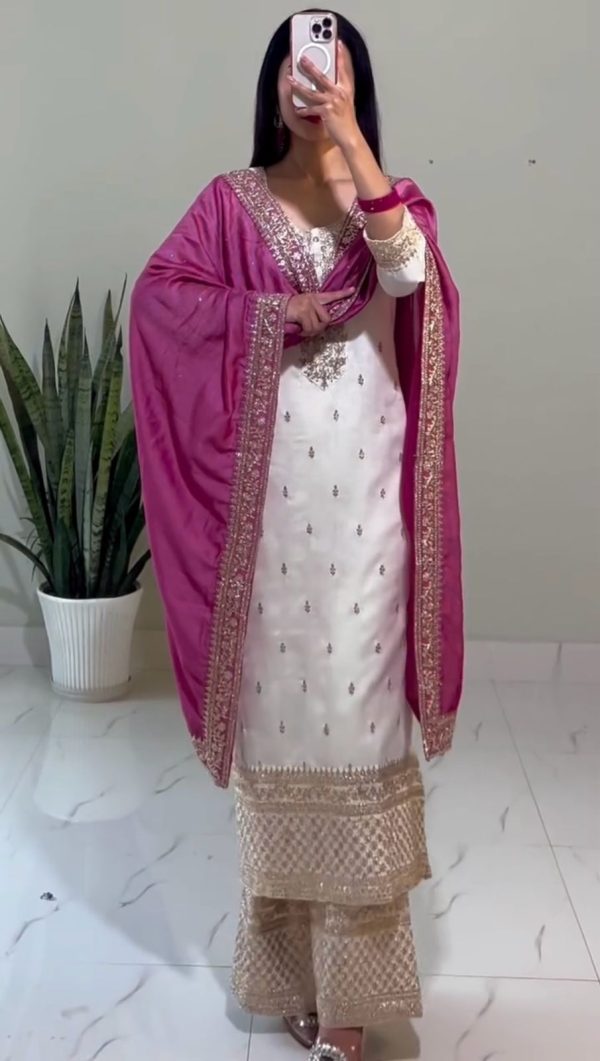 White Chinnon Silk With Heavy Embroidery Sequence Work Salwar Suit - Image 3