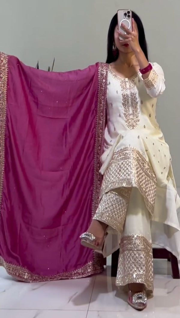 White Chinnon Silk With Heavy Embroidery Sequence Work Salwar Suit - Image 4