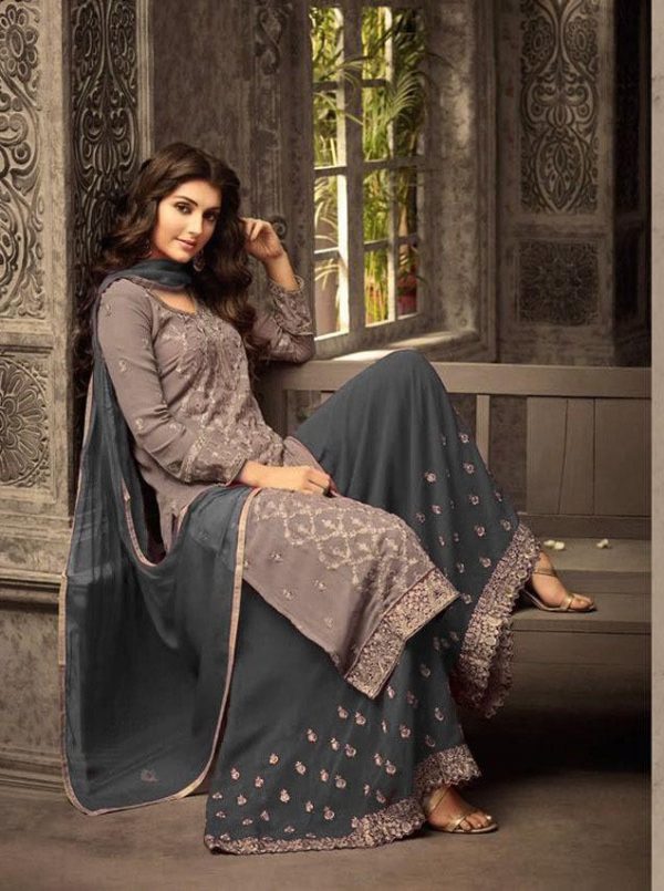 Pretty Grey Color Georgette With Embroidery work With Stone Salwar Suit