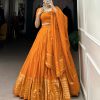 Pretty Orange Color Pure Chanderi Plain With Zari Weaving Work Border Lehenga Choli