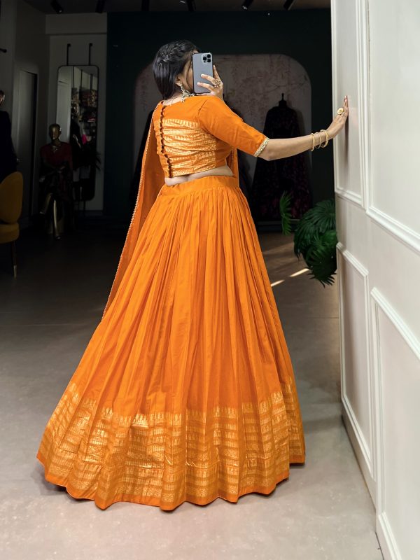 Orange Chanderi Plain With Zari Weaving Work Border Lehenga Choli - Image 2