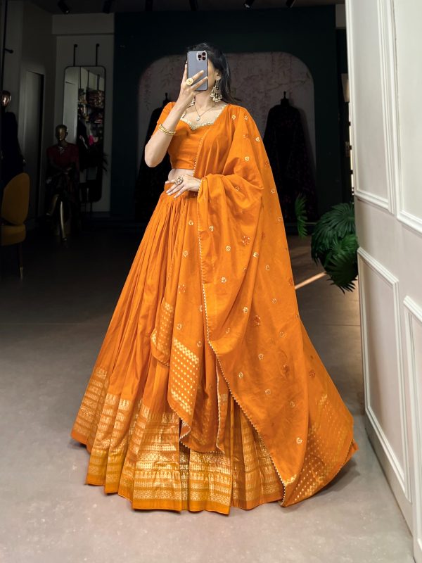 Orange Chanderi Plain With Zari Weaving Work Border Lehenga Choli - Image 3