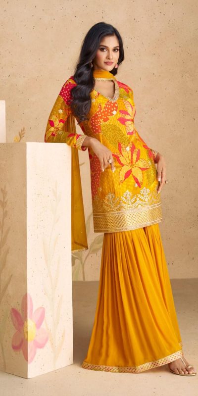 Pretty Yellow Color Chinon Printed Embroidery Work Sharara Suit