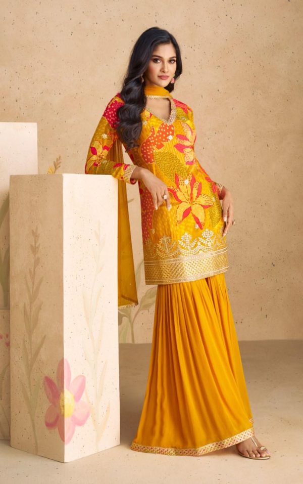 Pretty Yellow Color Chinon Printed Embroidery Work Sharara Suit