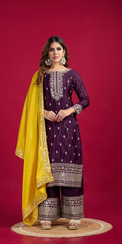 Royal Purple Color Pure Chinnon Silk With Embroidery Sequence Work Salwar Suit