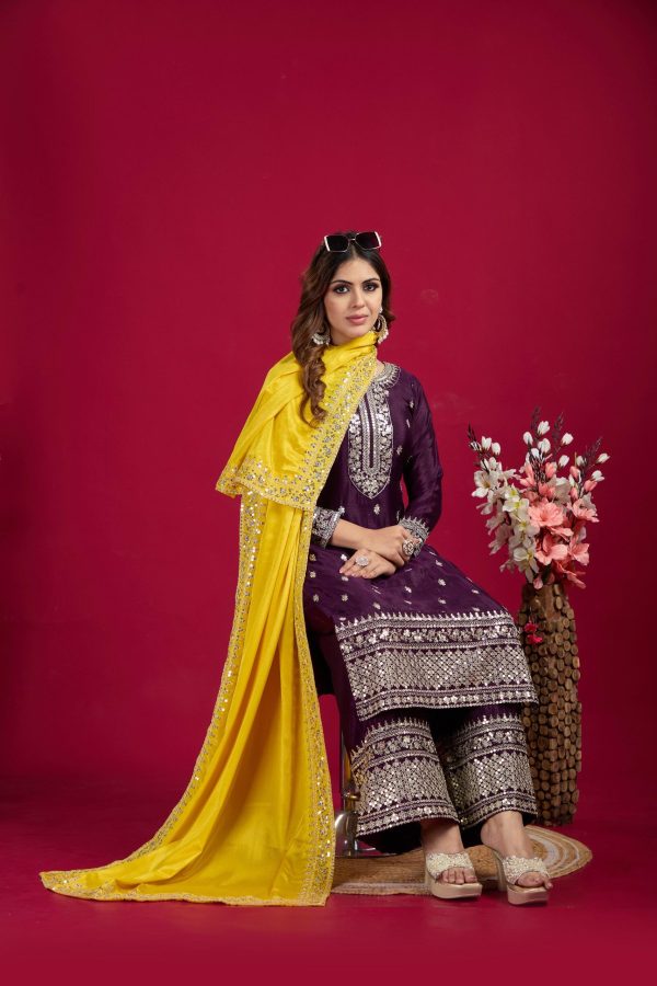 Purple Chinnon Silk With Embroidery Sequence Work Salwar Suit - Image 4