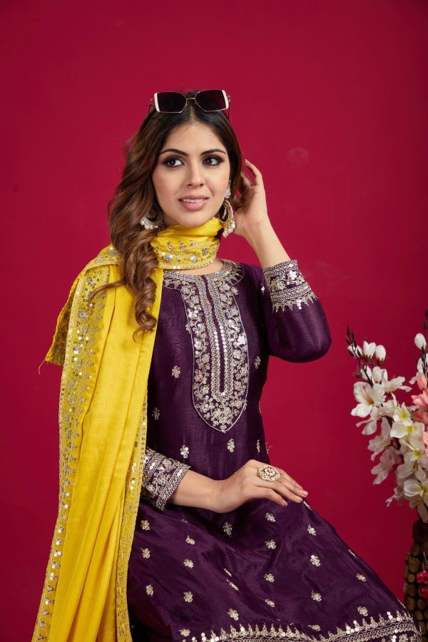 Purple Chinnon Silk With Embroidery Sequence Work Salwar Suit - Image 3