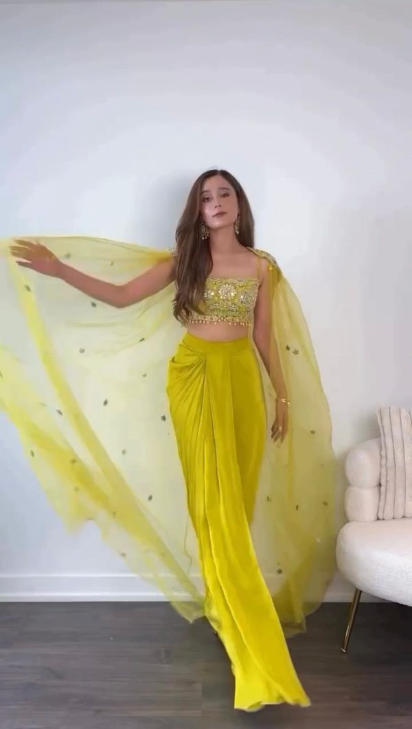 Yellow Chinon Silk Thread With 9mm Sequence Dhoti Suit - Image 2