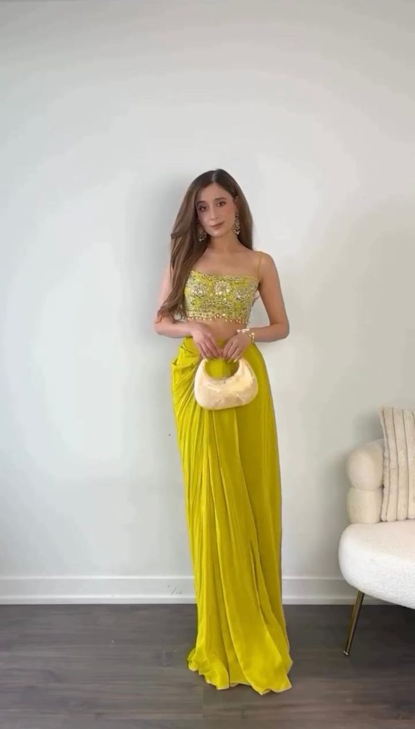 Yellow Chinon Silk Thread With 9mm Sequence Dhoti Suit - Image 4