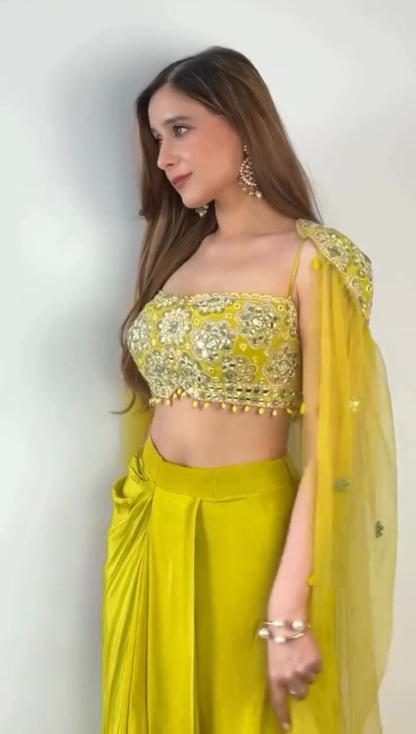 Yellow Chinon Silk Thread With 9mm Sequence Dhoti Suit - Image 5