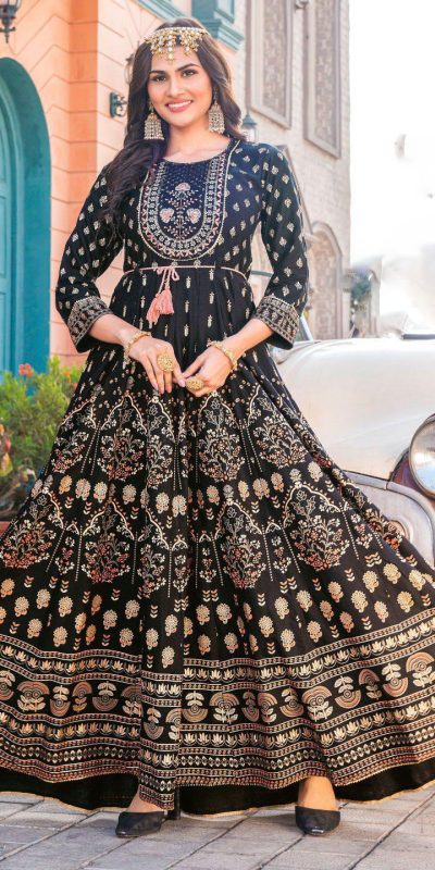 Stunning Black Color Rayon Print Embroidery Work Long Anarkali Gown