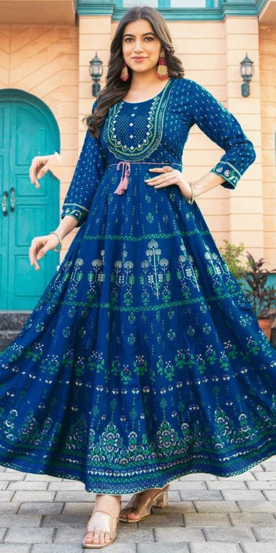 Stunning Blue Color Rayon Print Embroidery Work Long Anarkali Gown