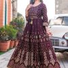 Stunning Marron Color Rayon Print Embroidery Work Long Anarkali Gown