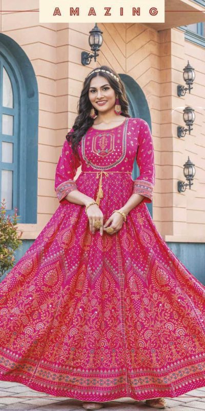 Stunning Pink Color Rayon Print Embroidery Work Long Anarkali Gown